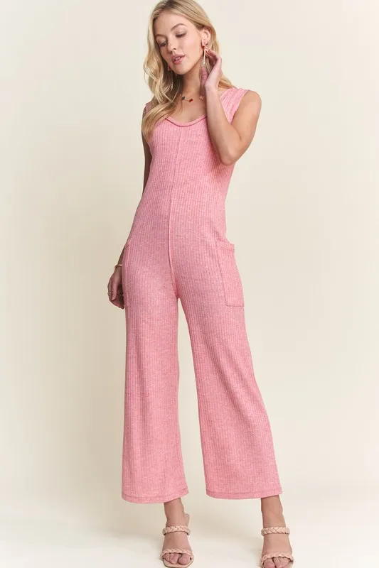 Ribbed V-Neck Wide Leg Jumpsuit with Pockets, image 6