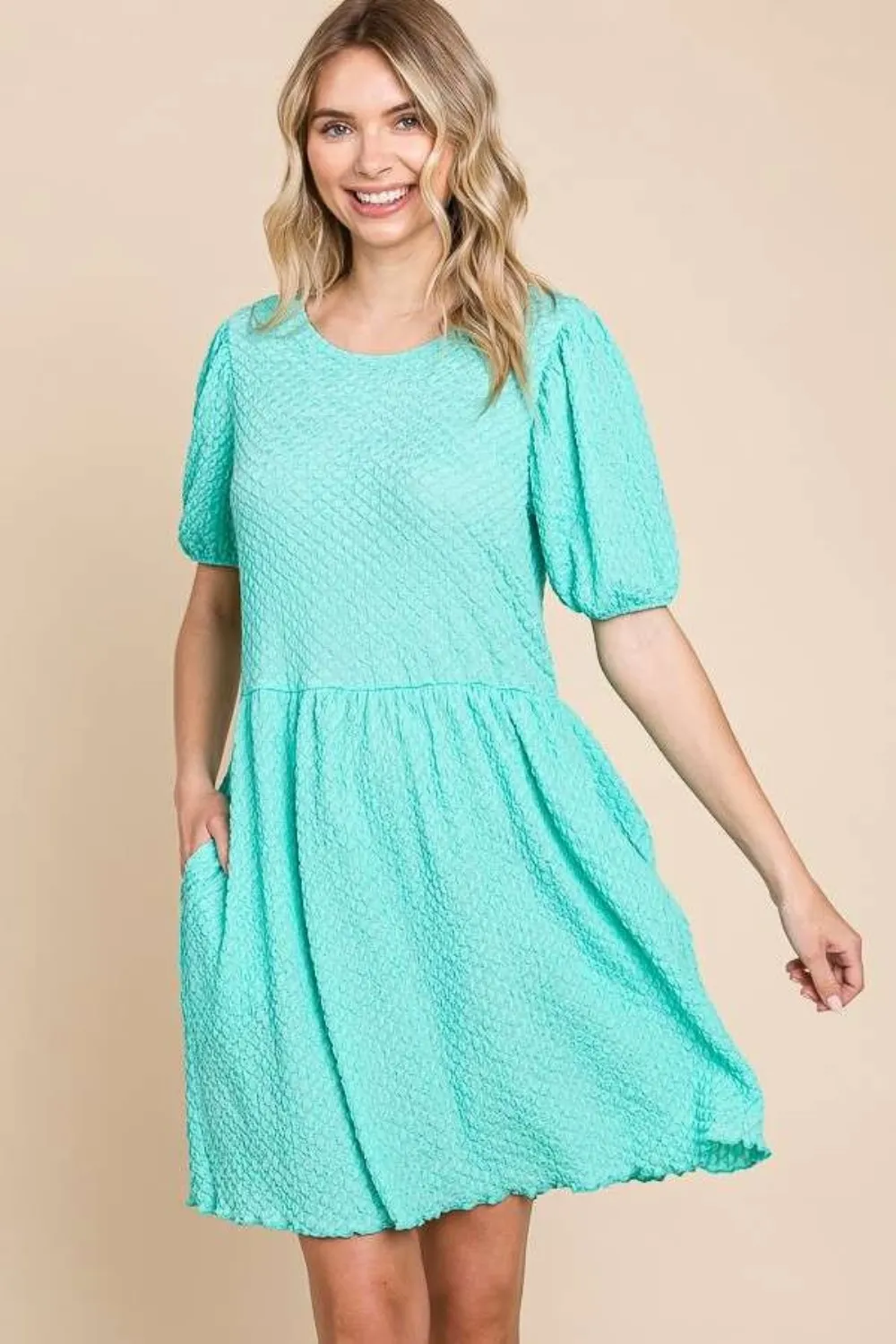 Full Size Textured Round Neck Puff Sleeve Dress, image 3