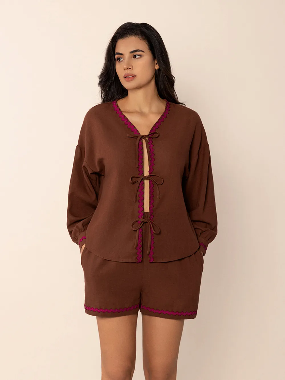 Tied V-Neck Long Sleeve Top and Shorts Set, image 4