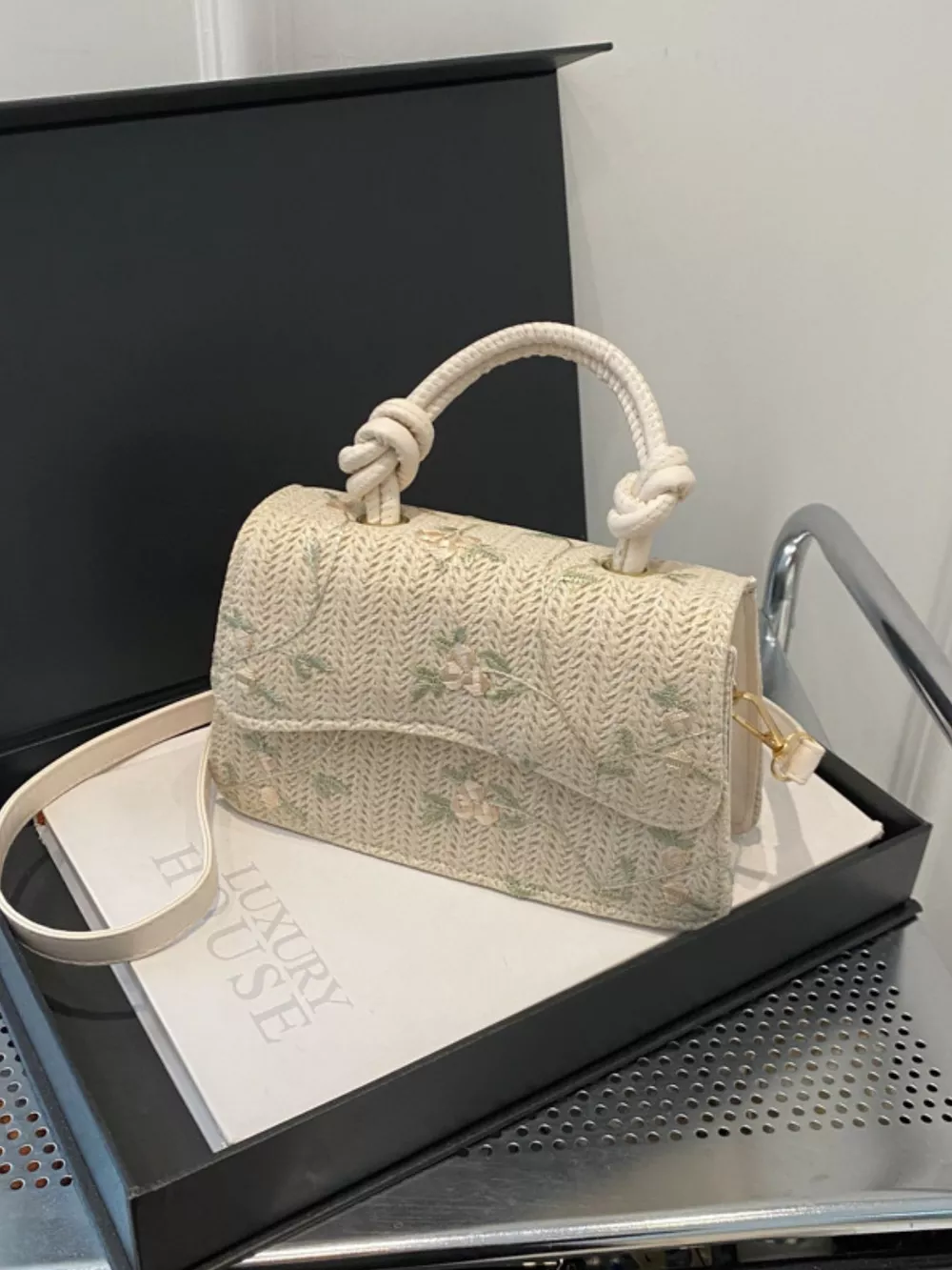 Floral Embroidered Straw Woven Crossbody Bag, image 8