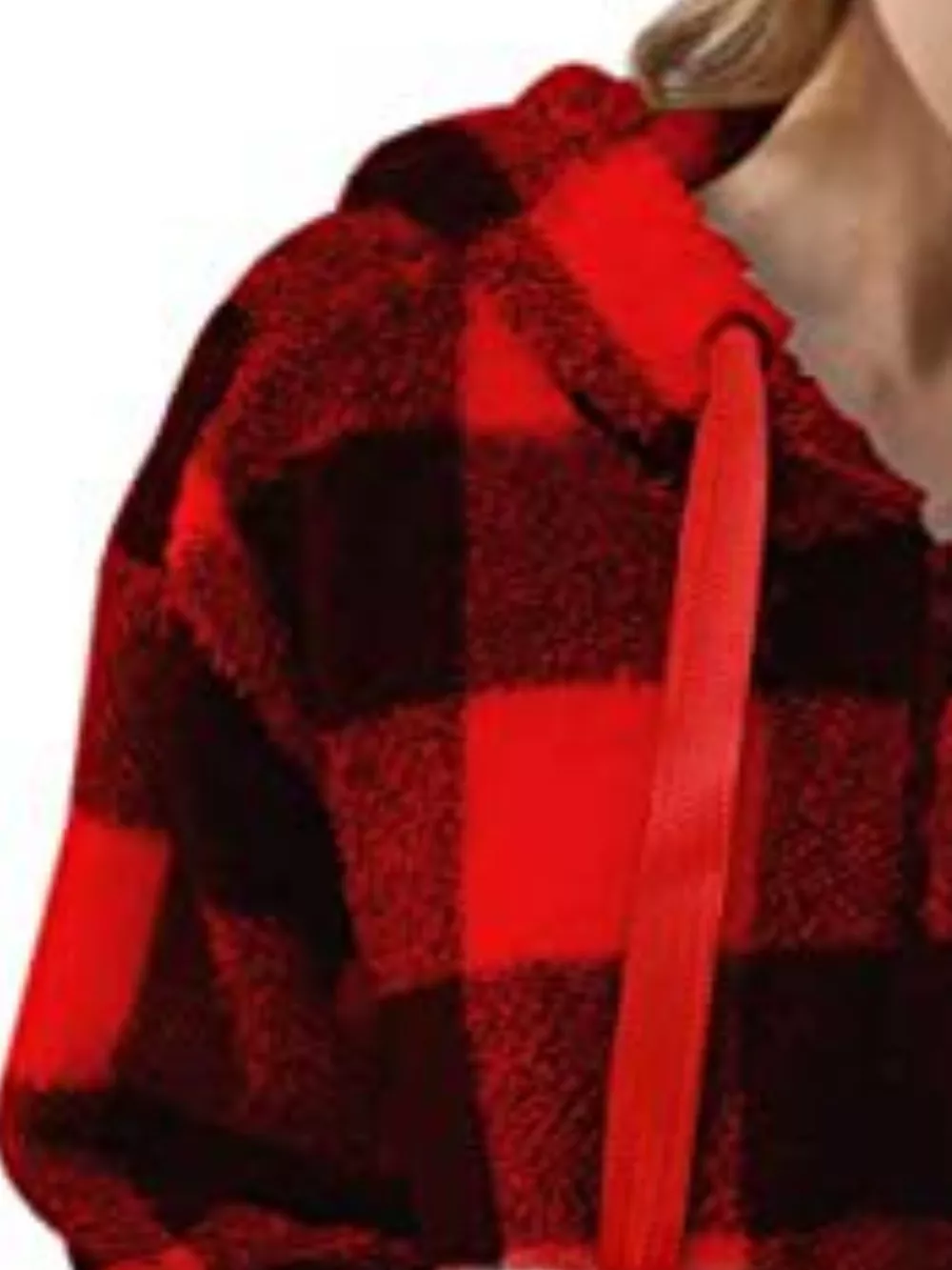 Full Size Plaid Sherpa Drawstring Hoodie Plus Size, image 21
