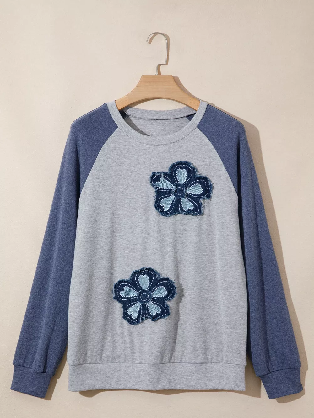 Color Block Flower Embroidered Patch Graphic Raglan Long Sleeve Top, image 4