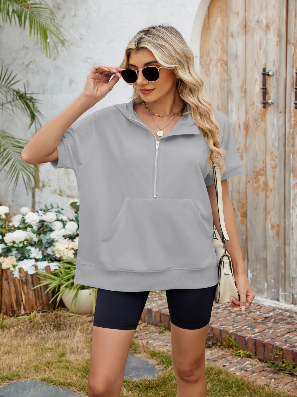 Half Zip Short Sleeve Hooded Top, image 16