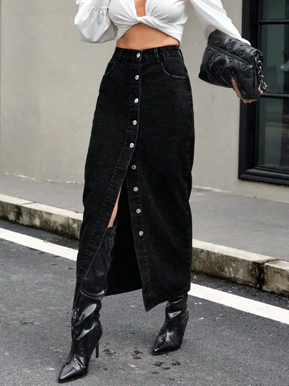 Button Front Denim Skirt, image 4