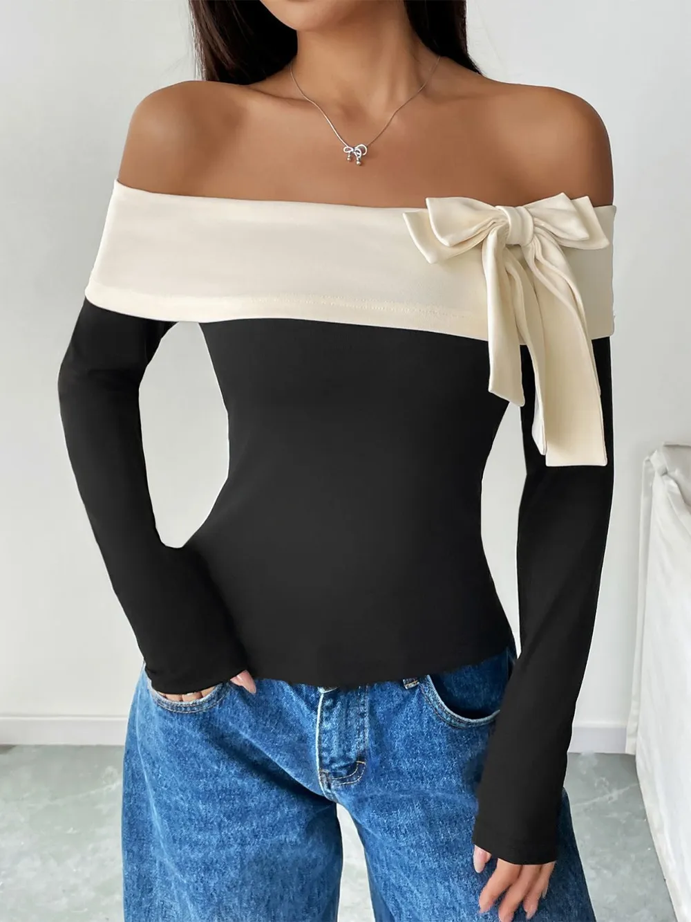 Bow Contrast Off-Shoulder Long Sleeve Top, image 6