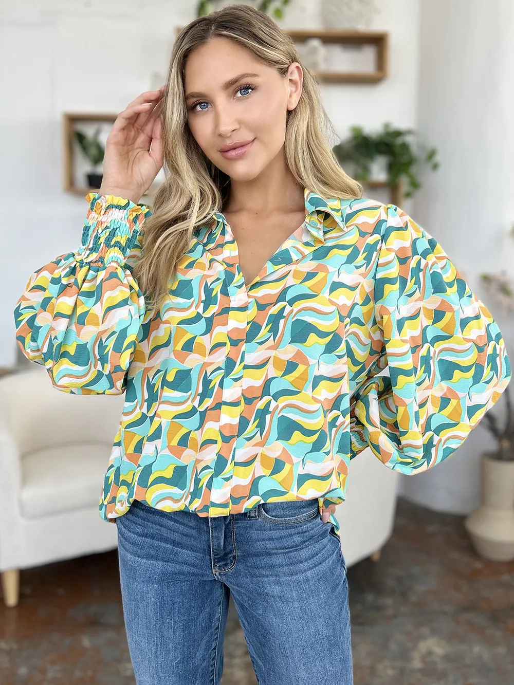 Full Size Printed Smocked Long Sleeve Blouse, image 9