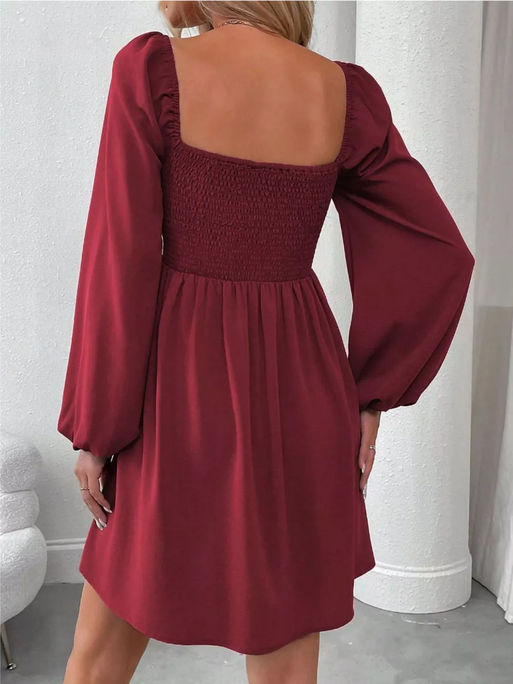 Ruched Square Neck Long Sleeve A-Line Dress, image 5