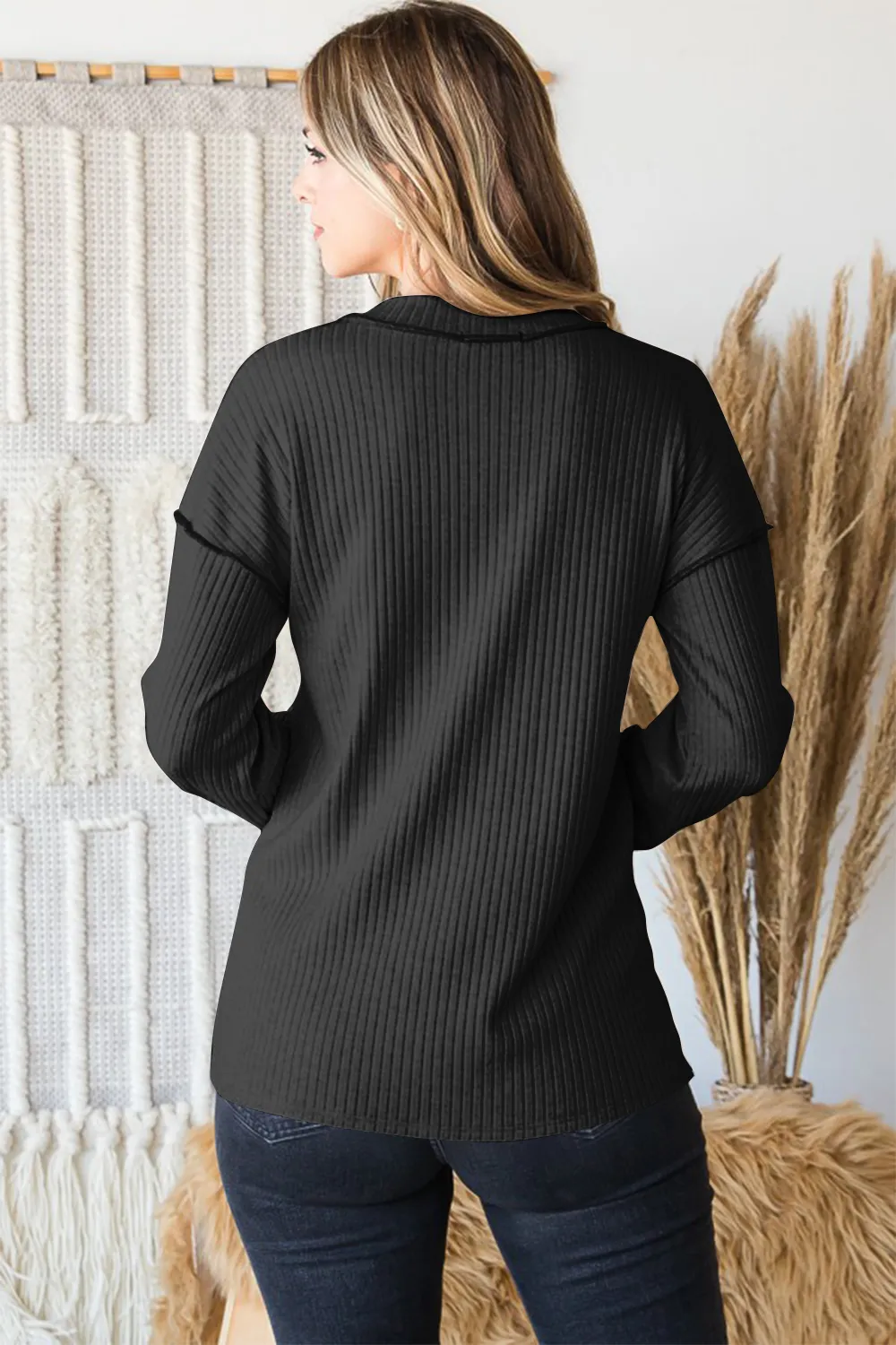 Full Size Ribbed V-Neck Exposed Seam Top, image 2