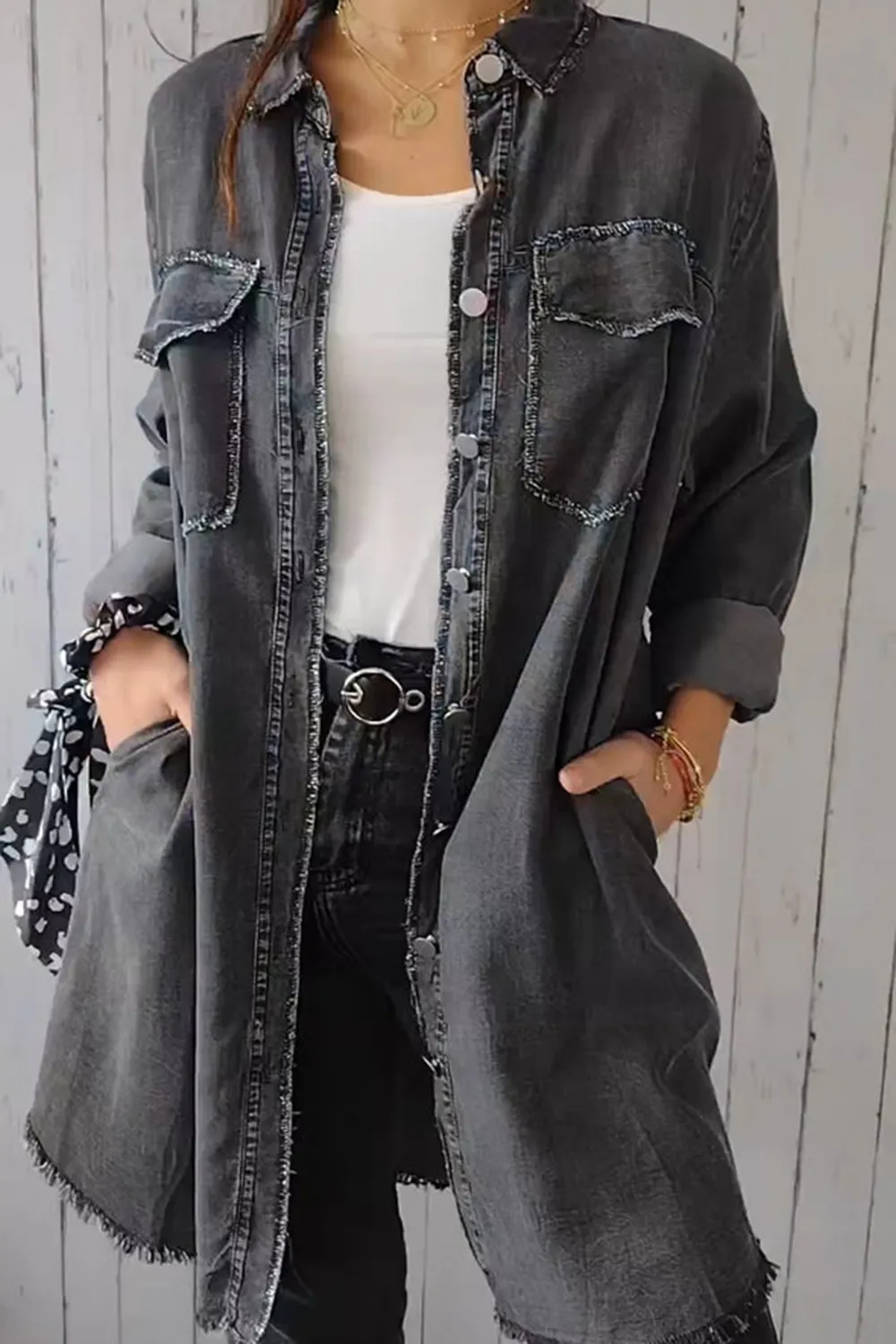 Full Size Pocketed Button Up Long Sleeve Denim Jacket, image 10