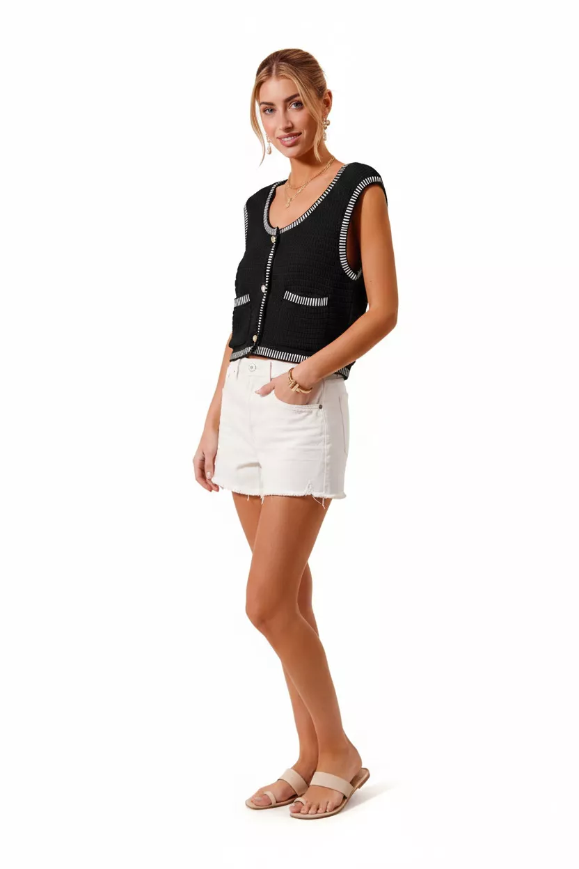Textured Sweater Vest Top With Pockets, image 3