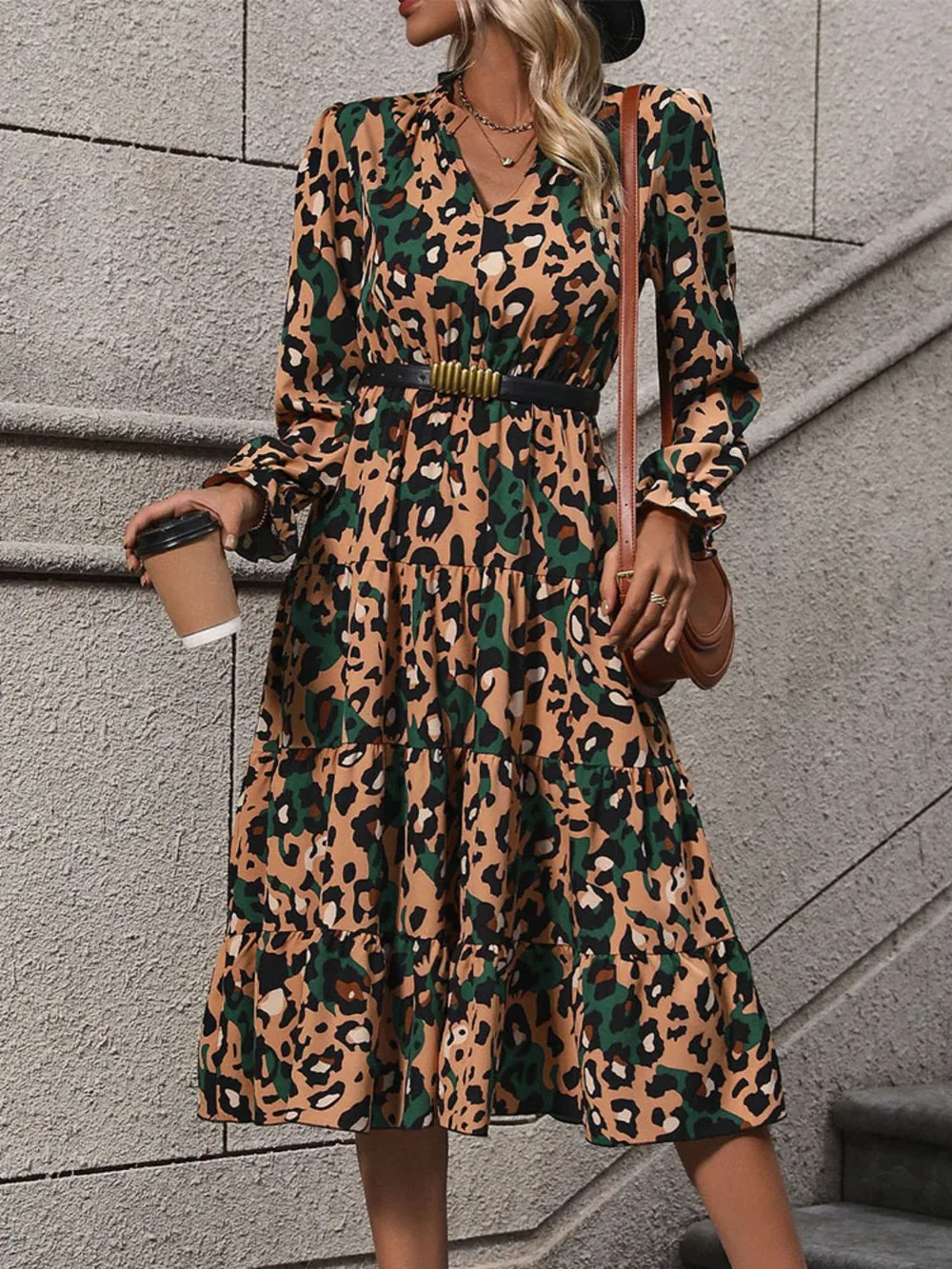 Leopard Notched Flounce Sleeve Midi Dress, image 7