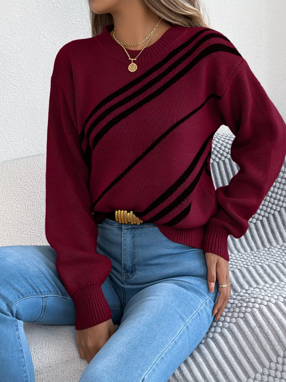 Striped Pattern Casual Round Neck Sweater, image 10