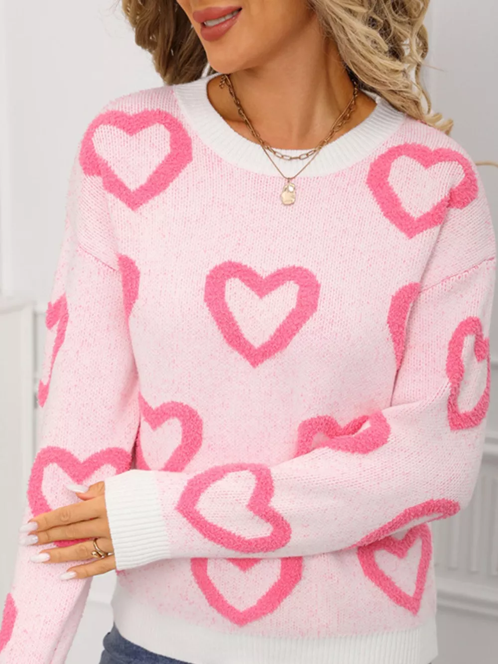 Valentine's Day Heart Pattern Round Neck Sweater, image 5