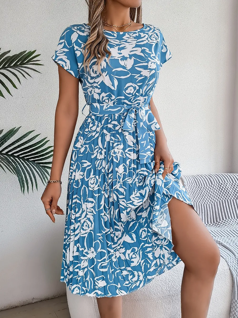 Tied Pleated Printed Short Sleeve Dress, image 10