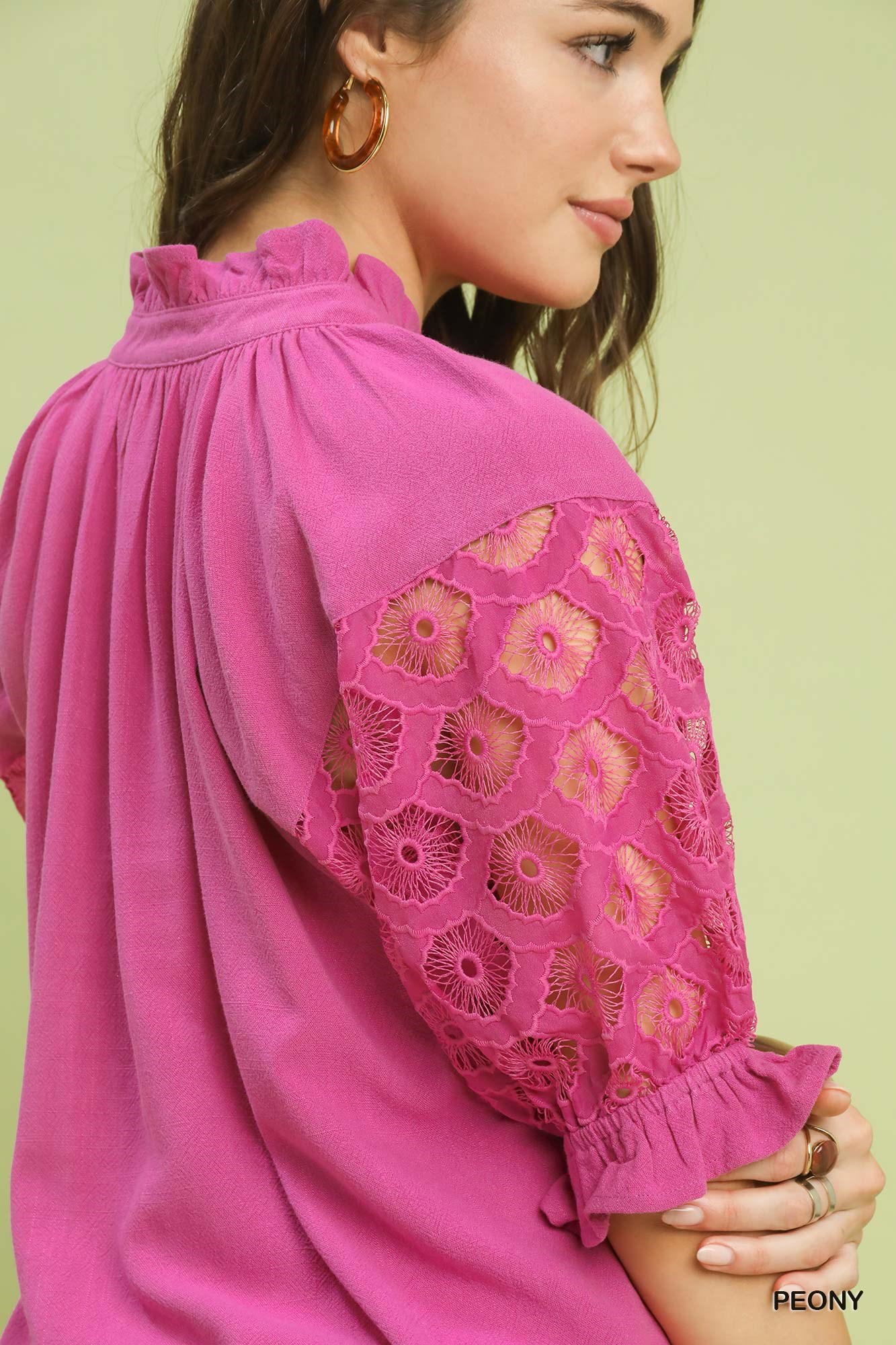 Linen V-Neck Lace Puff Sleeve Top, image 5