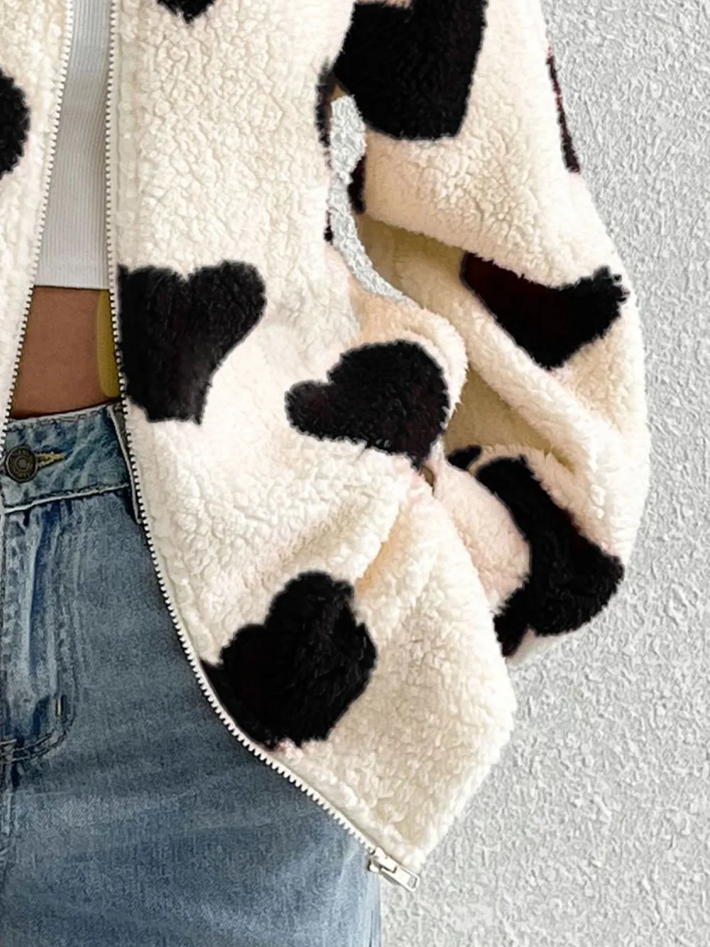 Heart Zip Up Drop Shoulder Furry Jacket, image 7