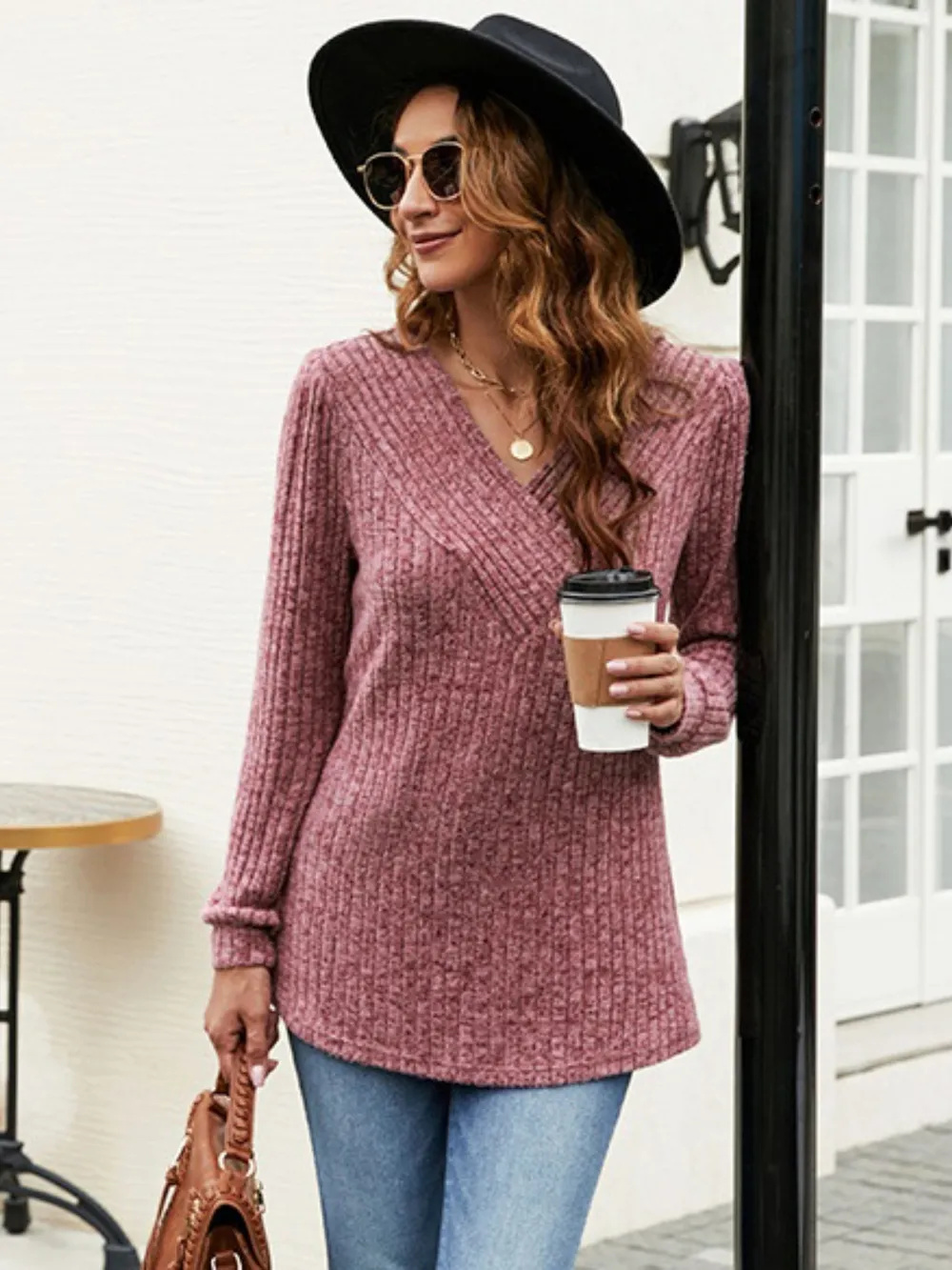 Ribbed Surplice Long Sleeve T-Shirt, image 6