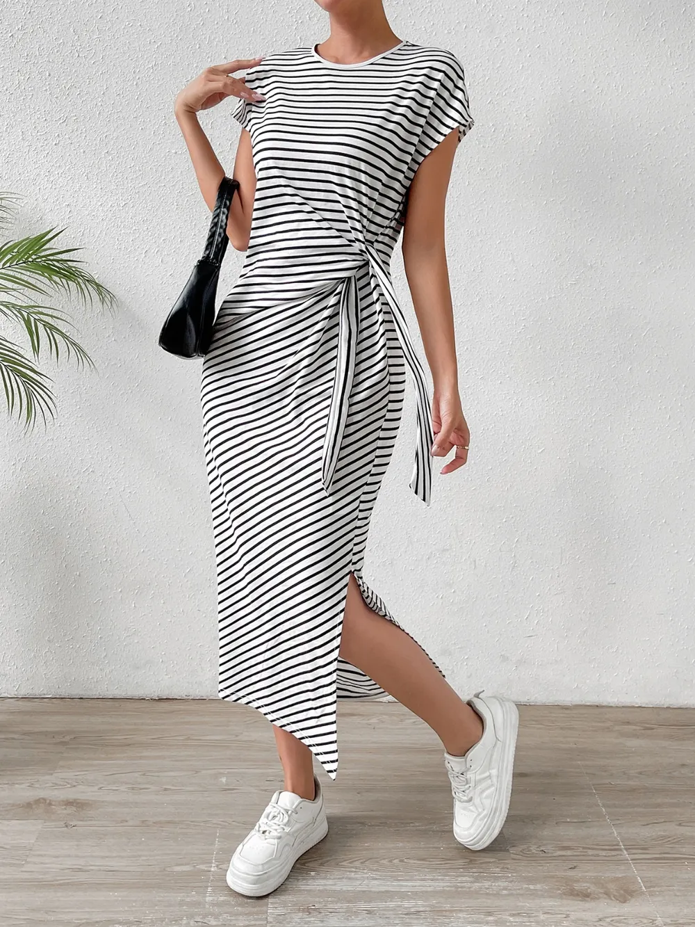 Tied Striped Round Neck Short Sleeve Tee Dress, image 20
