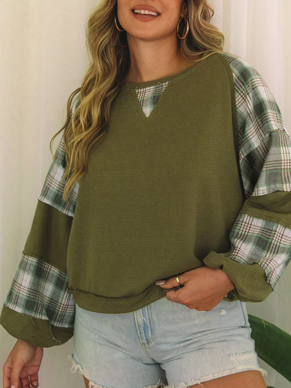 Plaid Patch Waffle Knit Exposed Seam Bubble Sleeve Top