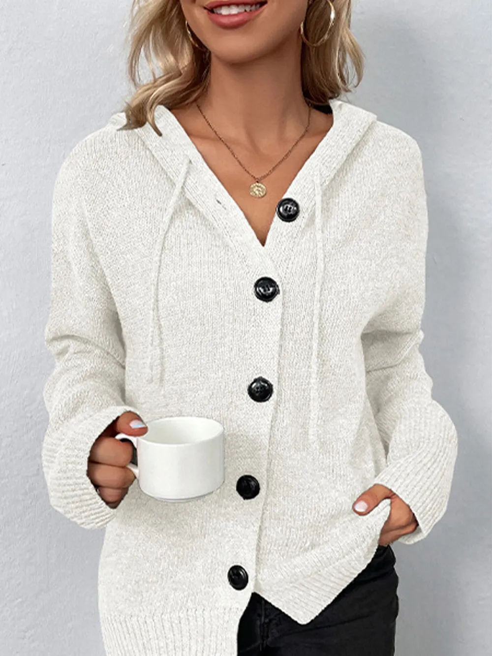 Drawstring Button Up Hooded Cardigan, image 8