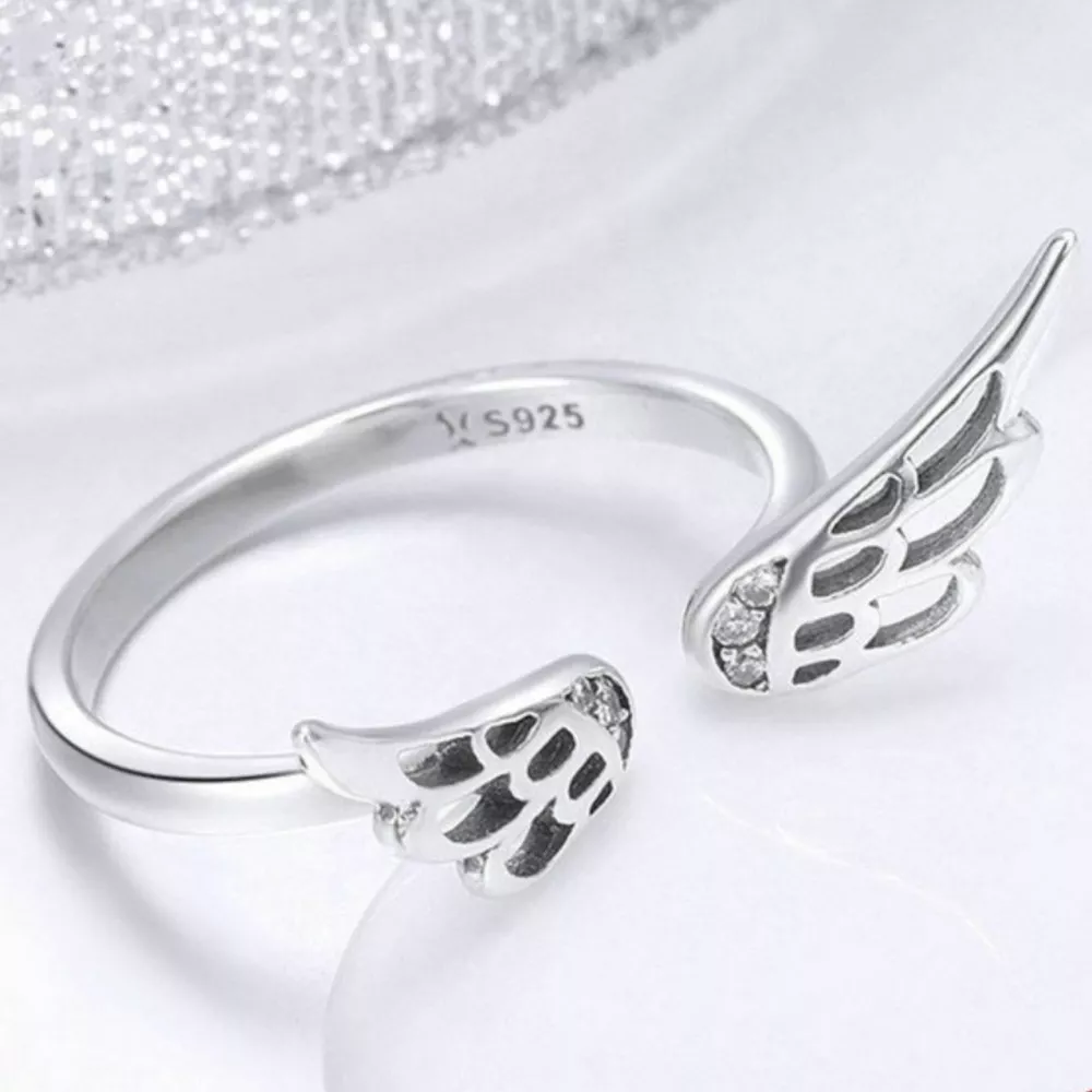 925 Sterling Silver Zircon Angel Wing Open Ring