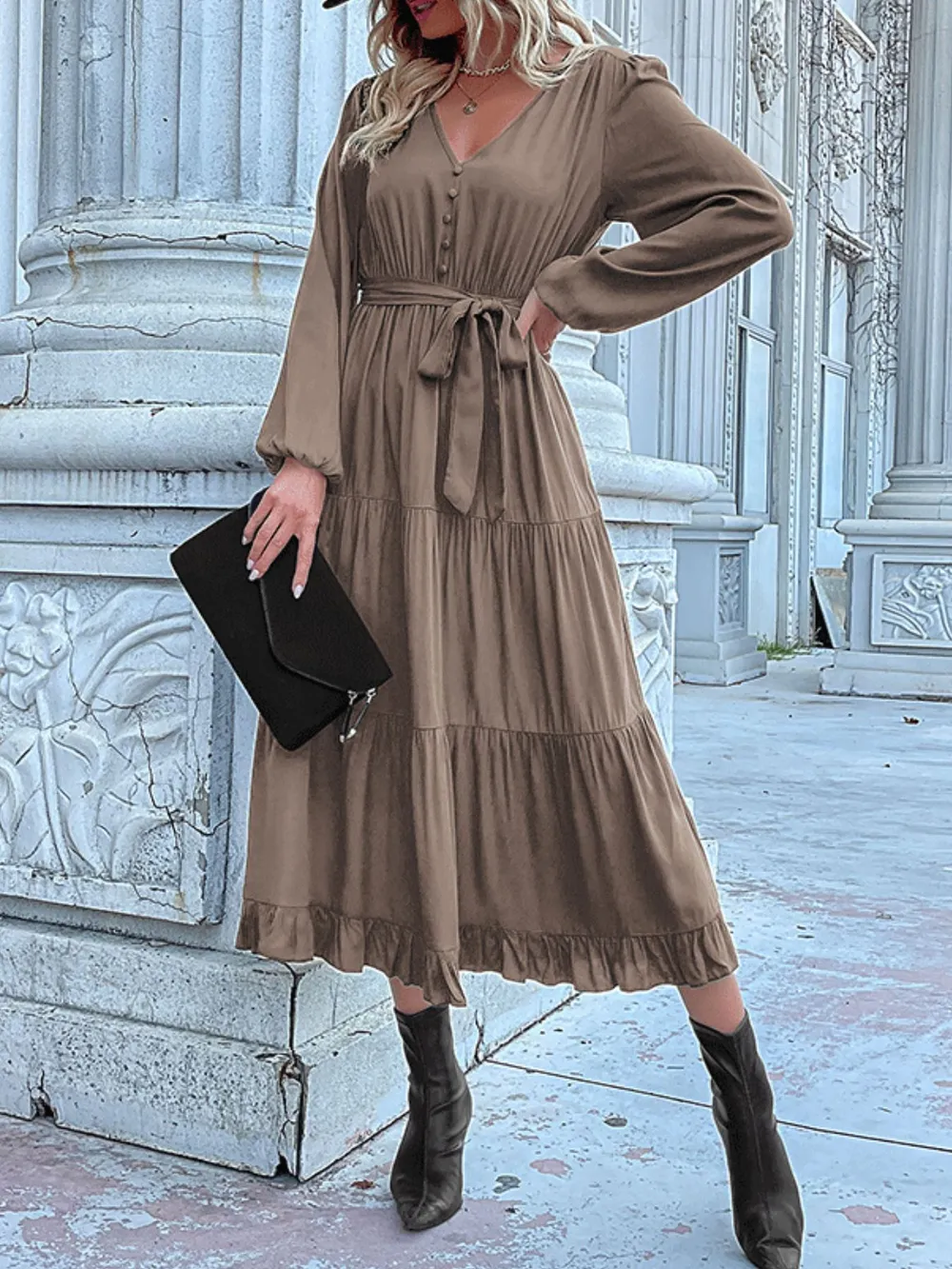 Ruffled Hem V-Neck Balloon Sleeve Dress, image 26