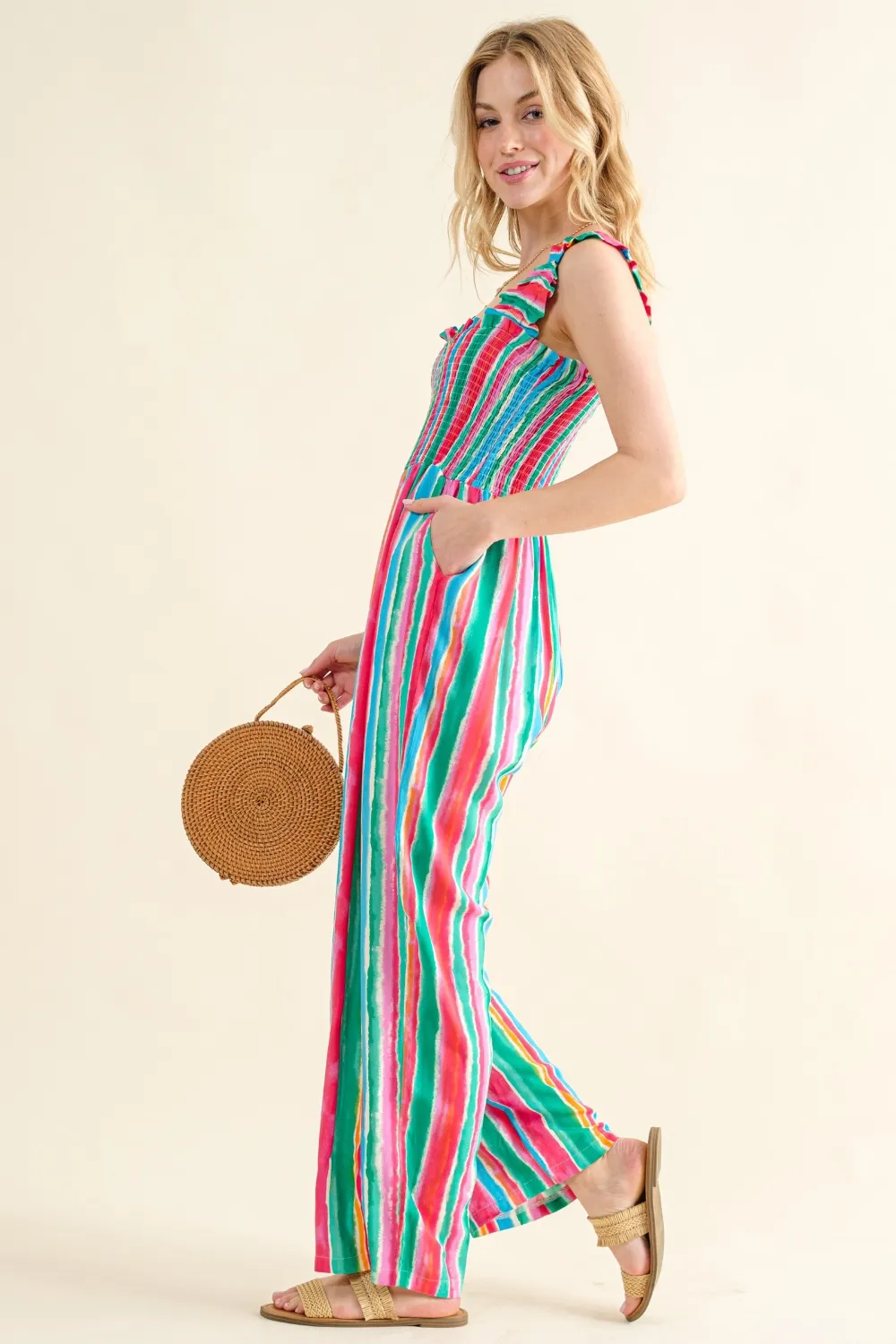 Full Size Striped Smocked Sleeveless Jumpsuit, image 3