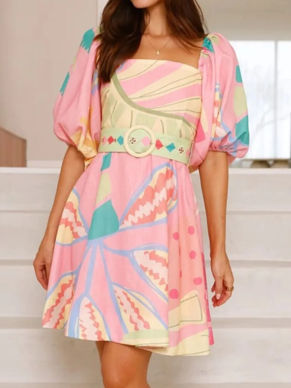 Colorful Print Belted Mini Dress with Puff Sleeves, image 5