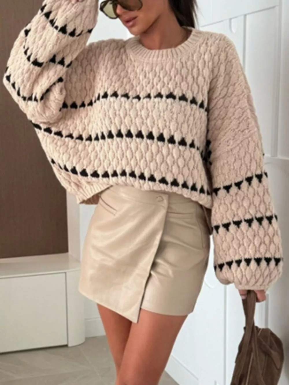 Chunky Knit Striped Sweater with Balloon Sleeves, image 11