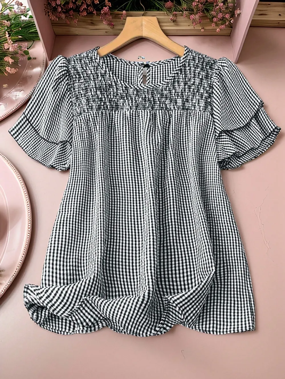 Smocked Plaid Round Neck Layered Short Sleeve Blouse, image 5