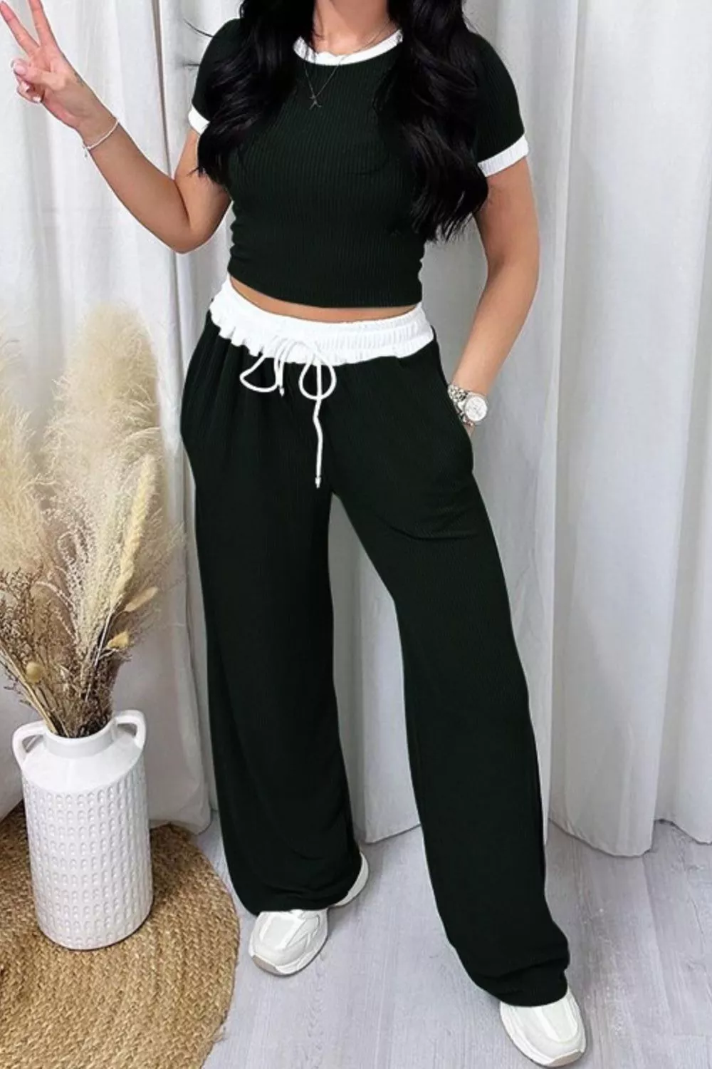Contrast Trim Round Neck Top and Pants Set, image 13