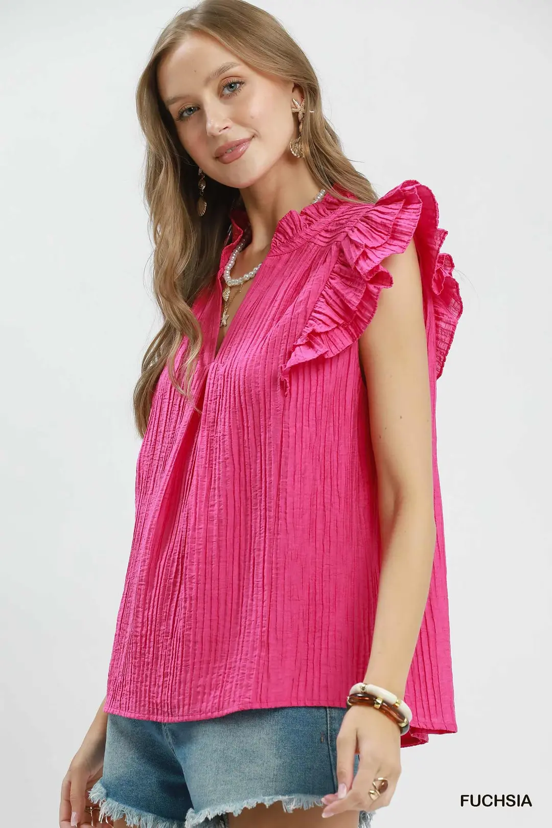Textured Ruffle Sleeve Split V Neck Top, image 2