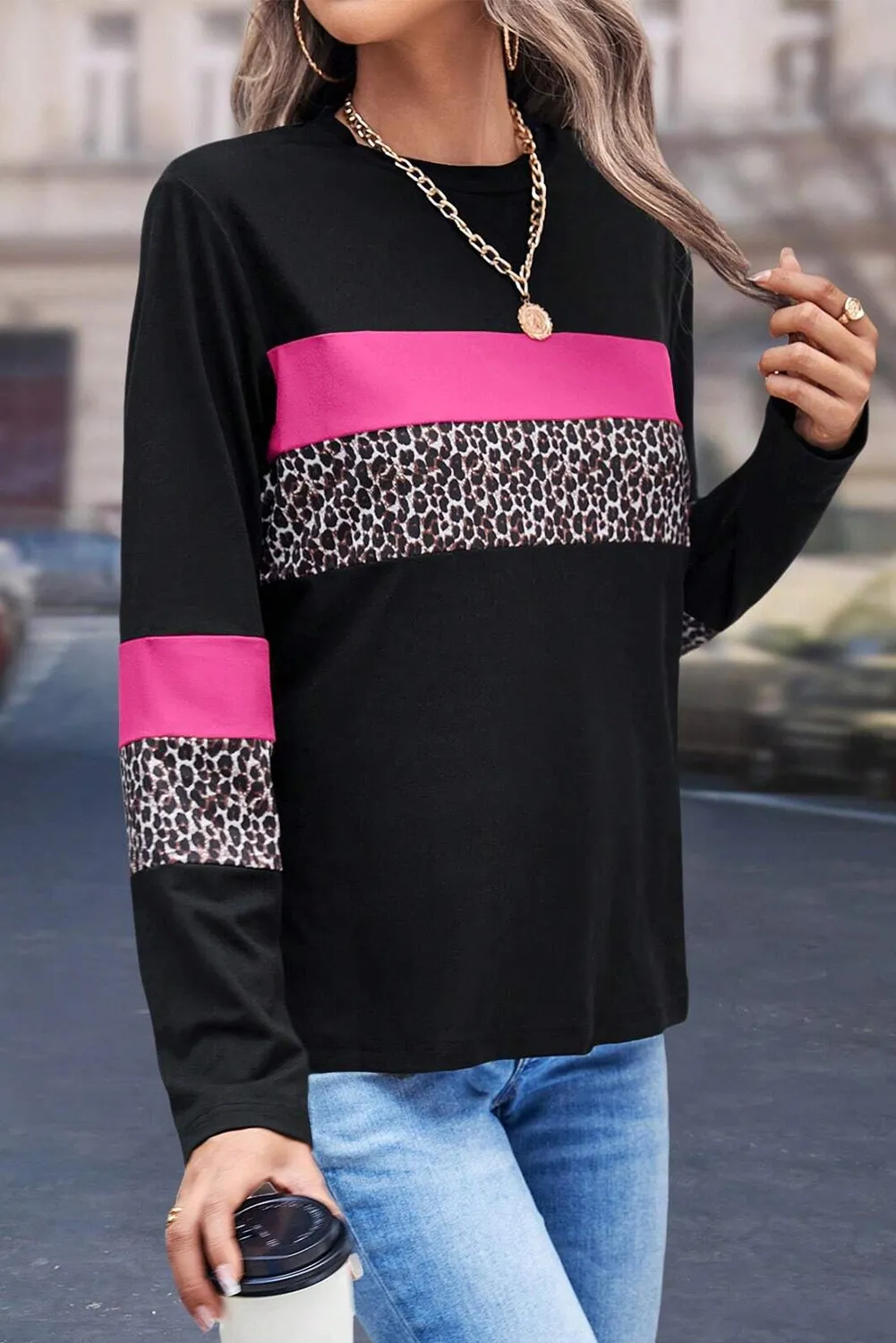 Leopard Round Neck Long Sleeve Blouse, image 8