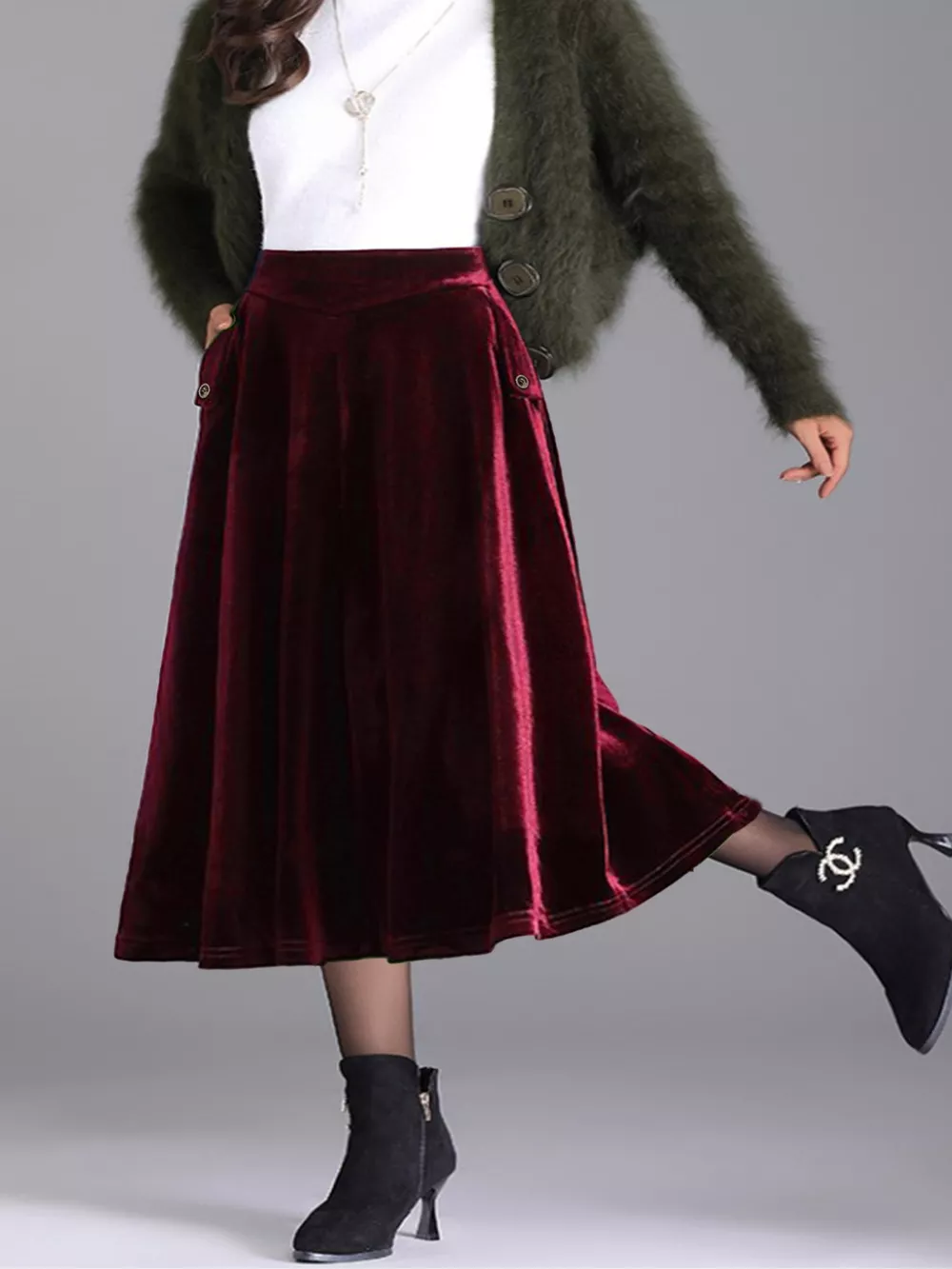 Plus Size Elegant Velvet A-Line Midi Skirt, image 10
