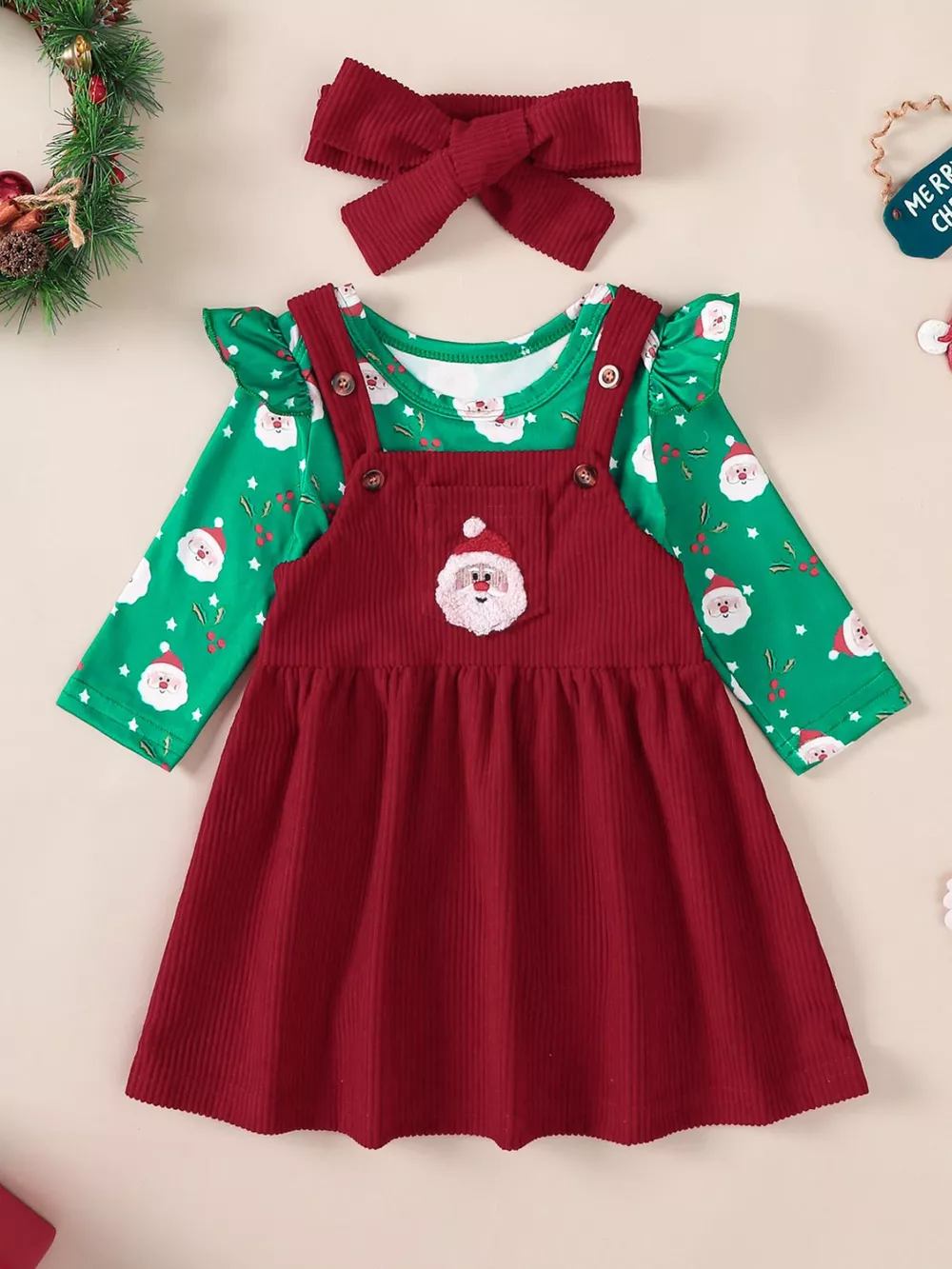Children's Christmas Bodysuit and Overall Dress Set with Headband, image 10