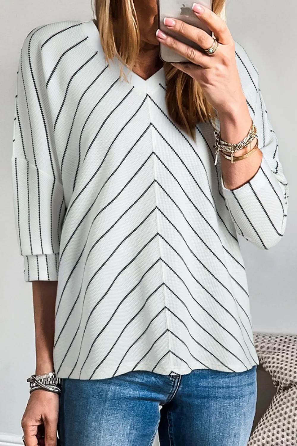 Striped V-Neck Long Sleeve Blouse, image 6