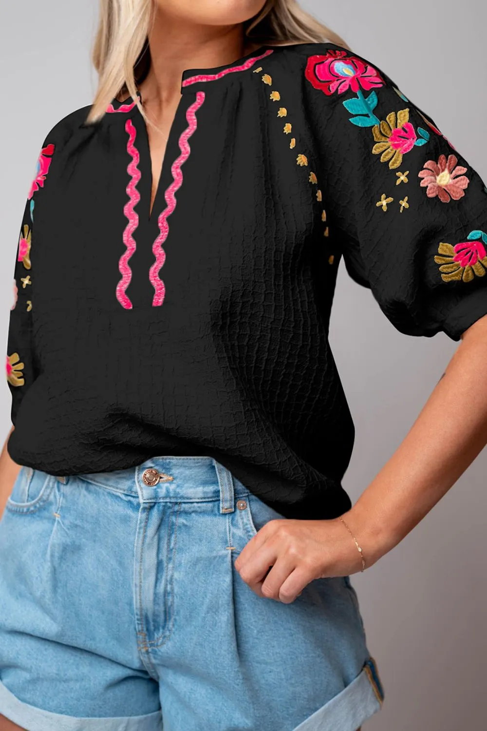 Floral Embroidered Notched Puff Sleeve Blouse, image 13