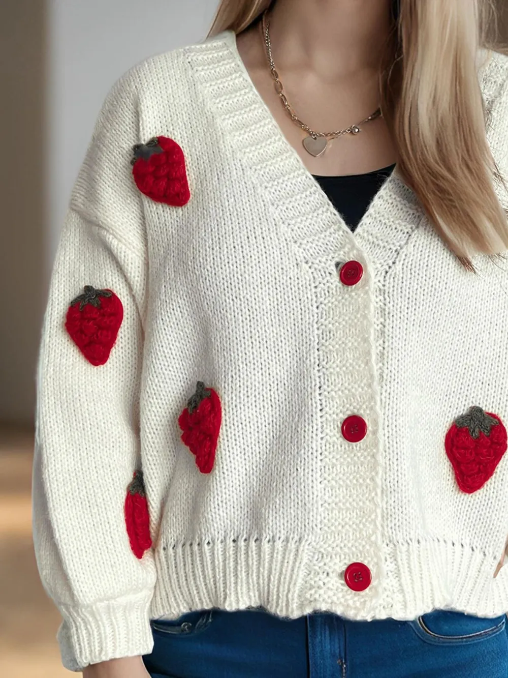 Crochet Strawberry V-Neck Long Sleeve Cardigan, image 4