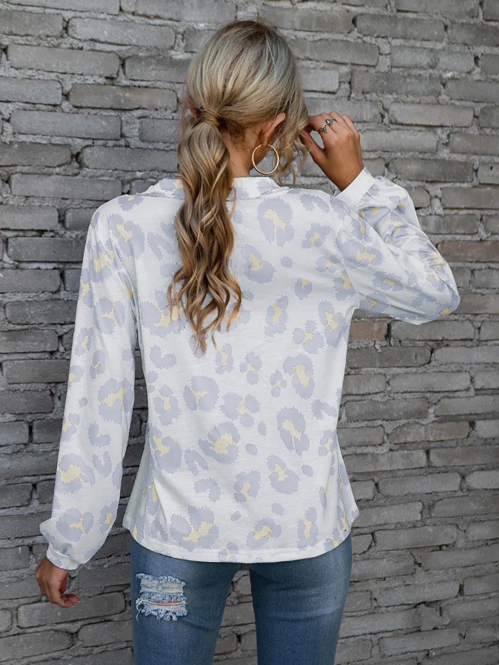 Leopard V-Neck Decorative Button Long Sleeve Blouse, image 13