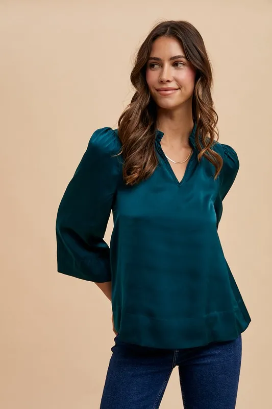 Satin Notched Three-Quarter Sleeve Blouse, image 2
