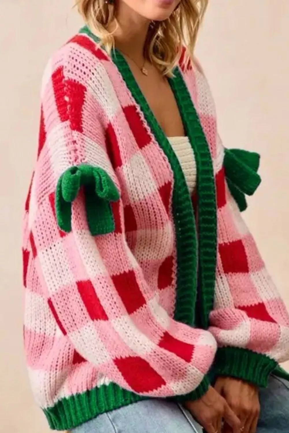 Checkered Bow-Tie Sleeve Knit Christmas Cardigan, image 4