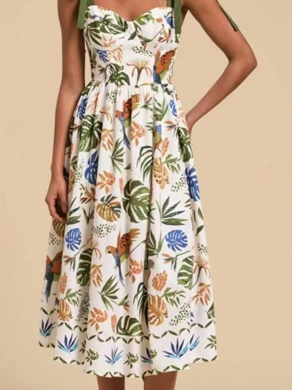 Tropical Print Tie-Shoulder Sweetheart Neck Midi Dress, image 5