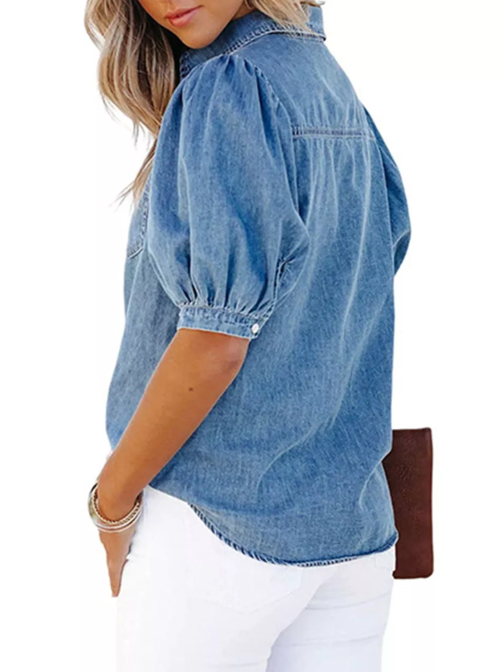 Puff Sleeve Button-Down Denim Top, image 8