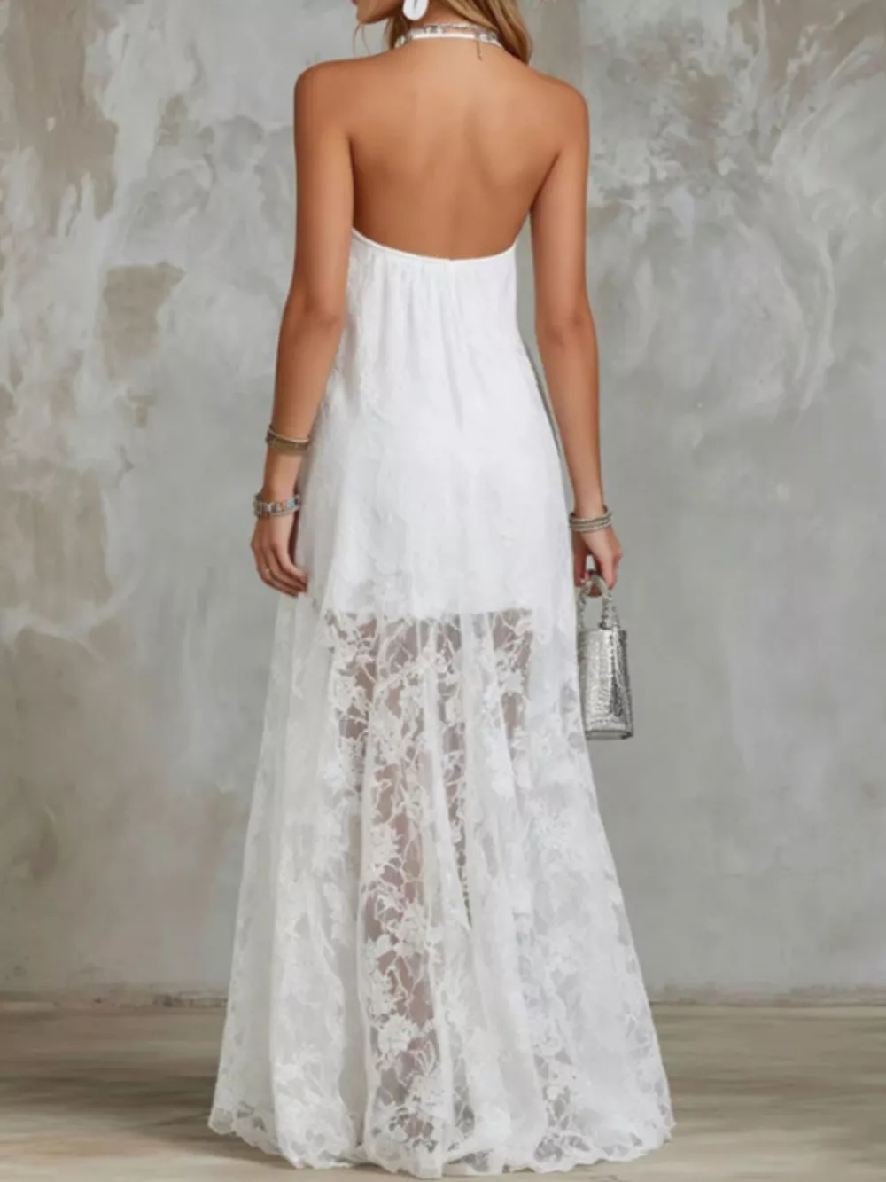 Halter Neck Lace Hem Maxi Dress, image 3