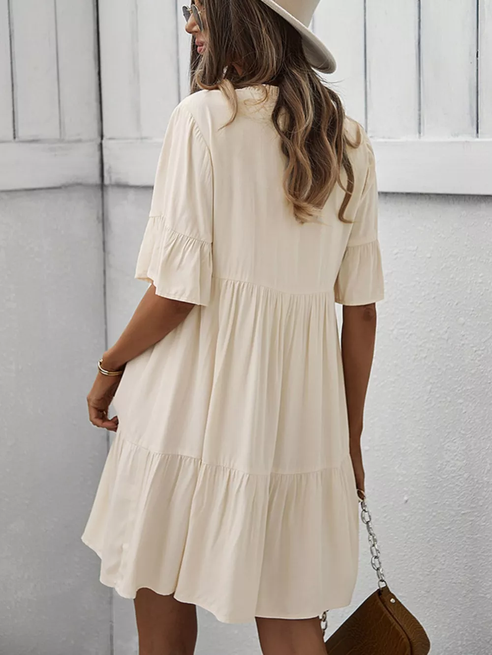 Boho Ruffle Sleeve Button Down Tiered Mini Dress, image 4