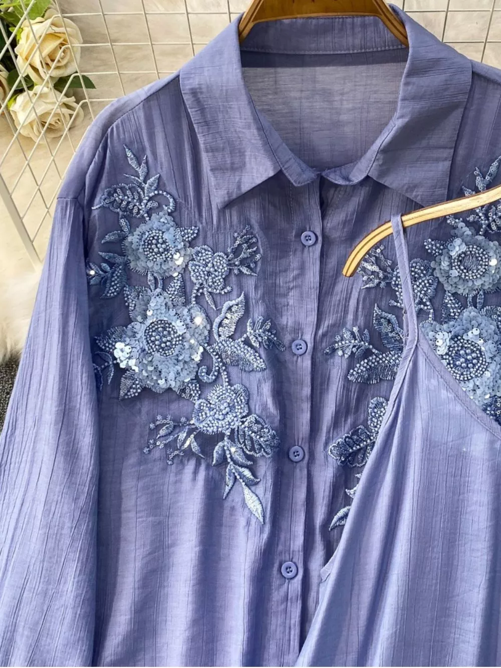 Sequin Flower Button Up Shirt and Cami Dress Set, image 21