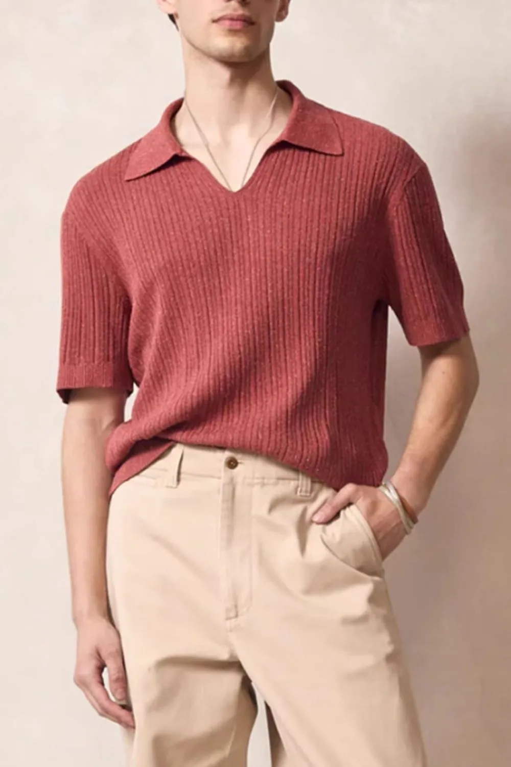 Men's Plus Size Johnny Collar Half Sleeve Knit Polo, image 2