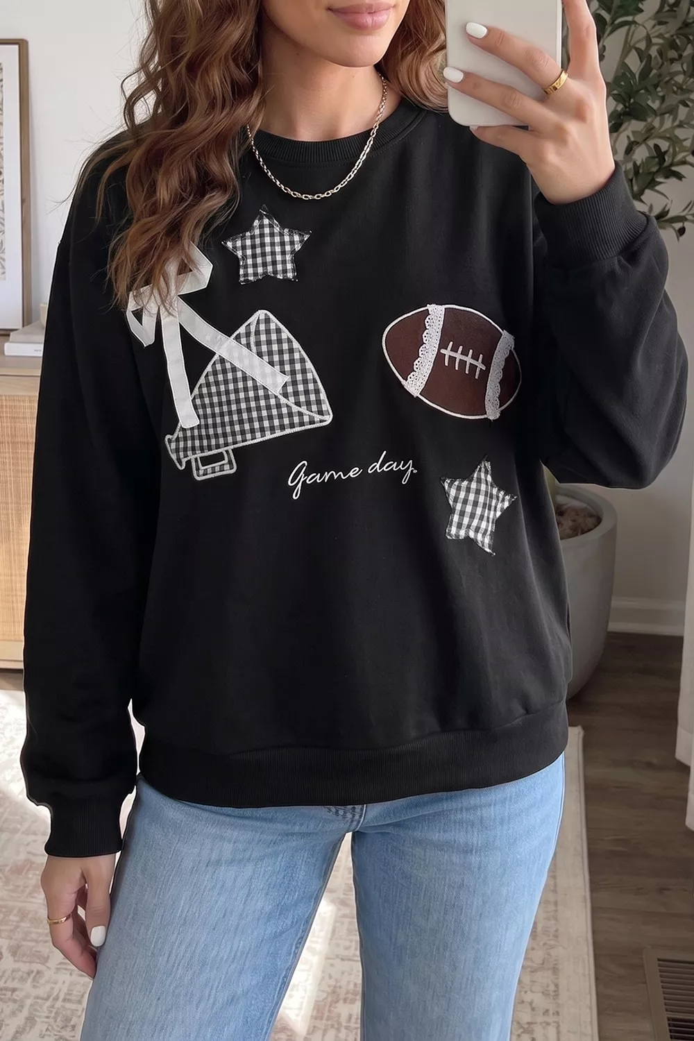 Gingham Patch Embroidered Rugby Game Day Stars Sweatshirt, image 8