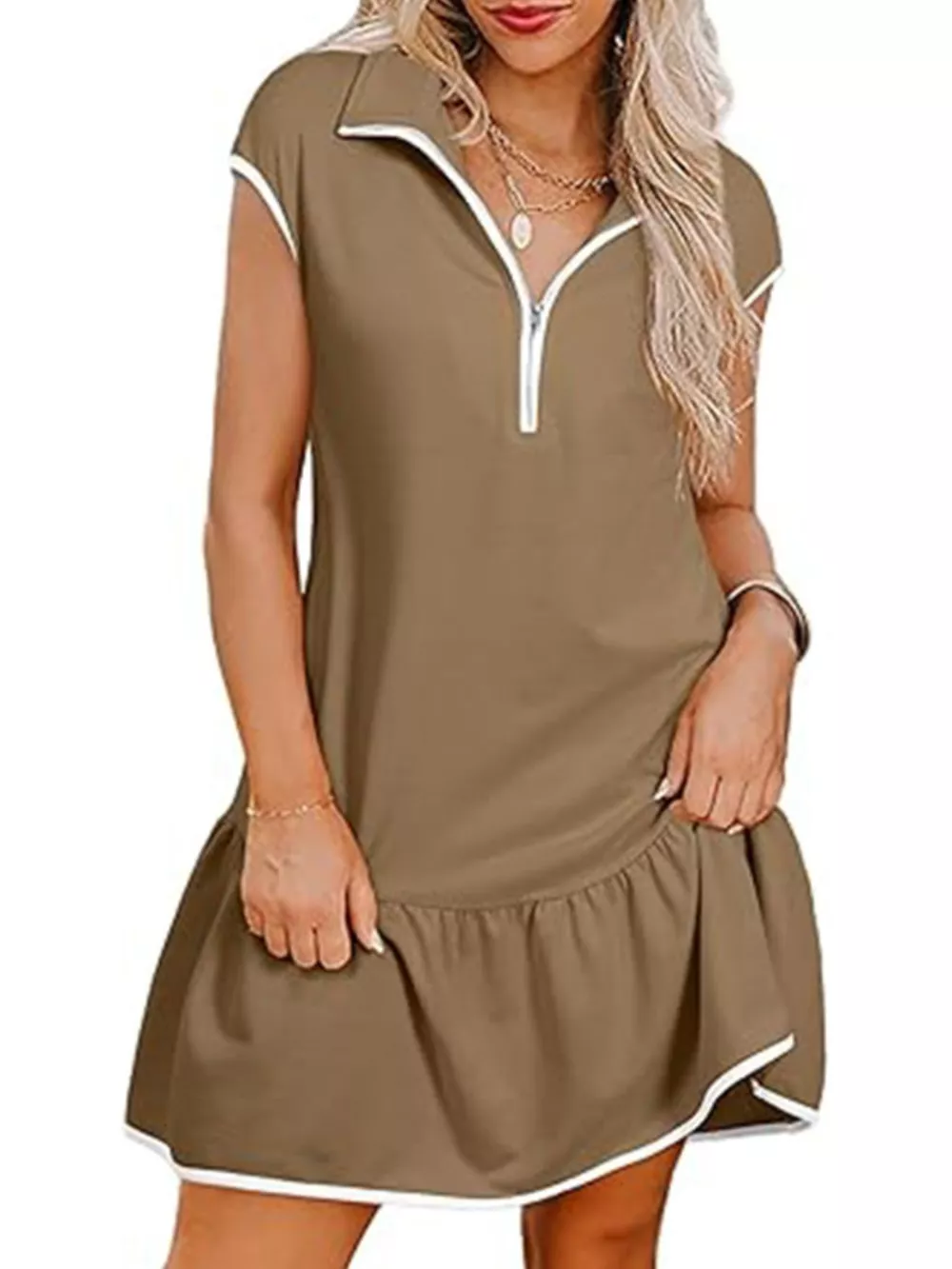 Zip Front Cap Sleeve Ruffle Hem Dress, image 17