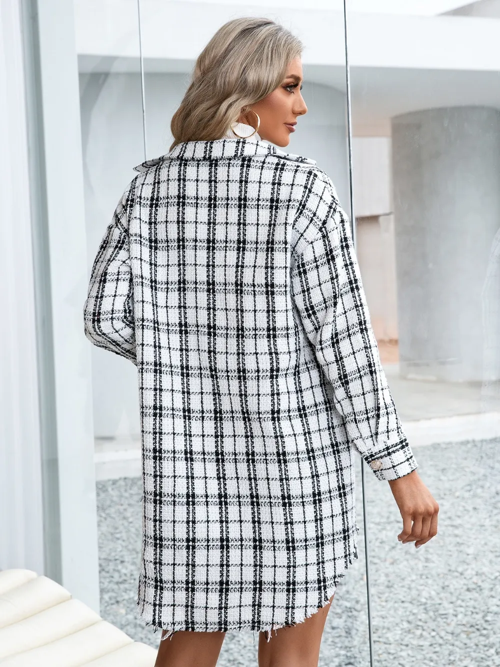 Plaid Pocketed Button Up Dropped Shoulder Jacket, image 5